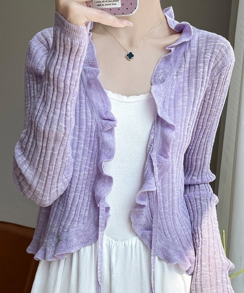 SEU(エスイーユー)の「速乾×洗える|UVカット フリル リボン シアーリブ ショート丈 カーディガン きれいめカジュアル オフィスカジュアル レディース韓国風(カーディガン/ボレロ・レディース・ブルー/ホワイト/ピンク/グリーン/ブラック/ベージュ/パープル・フリー)」の19枚目の写真