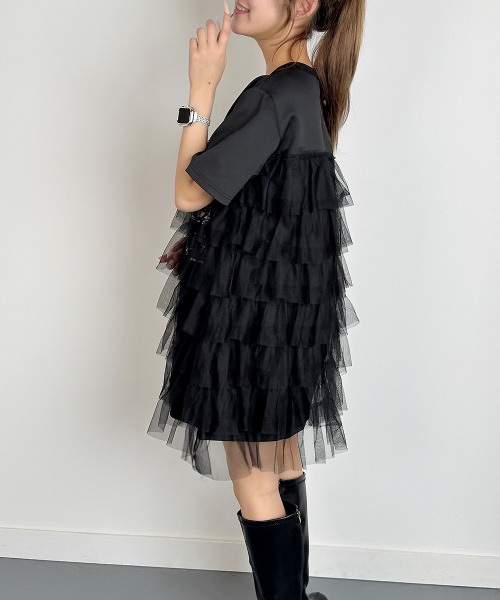 VIVID LADY(ビビッドレディー)の「プリント ティアードチュール ミニワンピース 半袖(ワンピース・レディース・ベージュ/ホワイト/ブラック・FREE)」の1枚目の写真