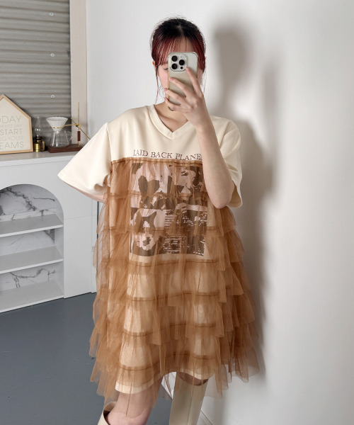 VIVID LADY(ビビッドレディー)の「プリント ティアードチュール ミニワンピース 半袖(ワンピース・レディース・ベージュ/ホワイト/ブラック・FREE)」の20枚目の写真