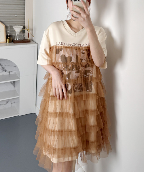 VIVID LADY(ビビッドレディー)の「プリント ティアードチュール ミニワンピース 半袖(ワンピース・レディース・ベージュ/ホワイト/ブラック・FREE)」の21枚目の写真