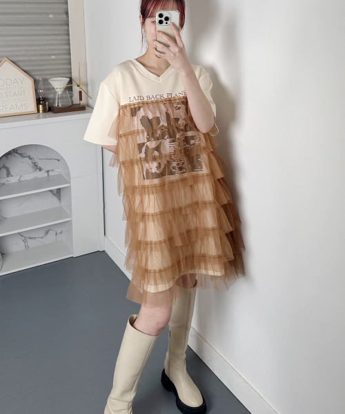 VIVID LADY(ビビッドレディー)の「プリント ティアードチュール ミニワンピース 半袖(ワンピース・レディース・ベージュ/ホワイト/ブラック・FREE)」の22枚目の写真