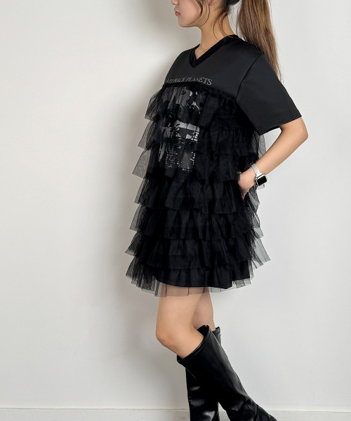 VIVID LADY(ビビッドレディー)の「プリント ティアードチュール ミニワンピース 半袖(ワンピース・レディース・ベージュ/ホワイト/ブラック・FREE)」の5枚目の写真