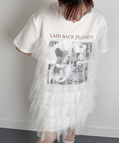 VIVID LADY(ビビッドレディー)の「プリント ティアードチュール ミニワンピース 半袖(ワンピース・レディース・ベージュ/ホワイト/ブラック・FREE)」の16枚目の写真