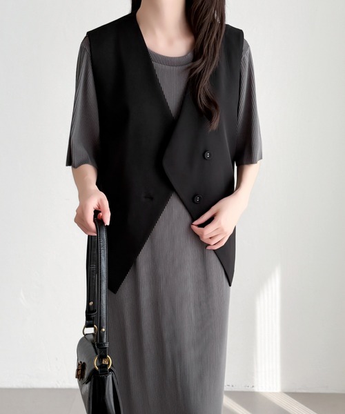 ABITOKYO(アビトーキョー)の「ノーカラーベストジャケット&半袖リブプリーツワンピース2点セット(ワンピース・レディース・ブラック/チャコールグレー・L/M)」の8枚目の写真