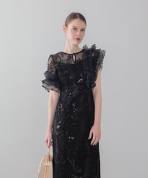 Leja（レジャ）の「【LEJA】アシンメトリーチュールフリルスパンコールIラインワンピースドレス美脚効果結婚式 パーティードレス 成人式 二次会 同窓会 お呼ばれ オケージョン 20代 30代（ドレス）」