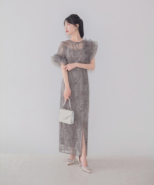 LEJA アシンメトリーチュールフリルスパンコールIラインワンピースドレス Leja（レジャ）の「【LEJA】アシンメトリーチュールフリルスパンコール