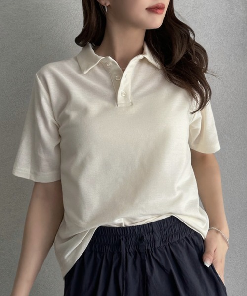 TREOVER(トレオーバー)の「抜け感シルエットで大人カジュアルな半袖ポロトップス(ポロシャツ・レディース・チャコールグレー/グレイッシュベージュ/アイボリー/ネイビー・FREE)」の1枚目の写真