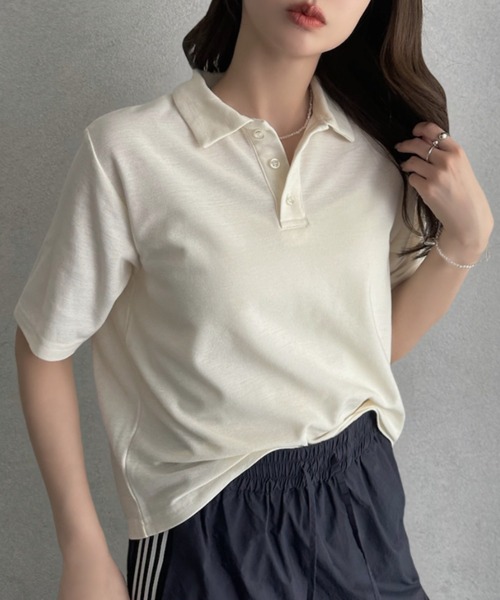 TREOVER(トレオーバー)の「抜け感シルエットで大人カジュアルな半袖ポロトップス(ポロシャツ・レディース・チャコールグレー/グレイッシュベージュ/アイボリー/ネイビー・FREE)」の8枚目の写真