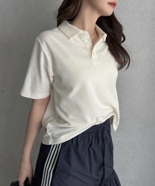 TREOVER(トレオーバー)の「抜け感シルエットで大人カジュアルな半袖ポロトップス(ポロシャツ・レディース・チャコールグレー/グレイッシュベージュ/アイボリー/ネイビー・FREE)」の9枚目の写真