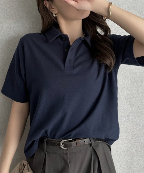 TREOVER(トレオーバー)の「抜け感シルエットで大人カジュアルな半袖ポロトップス(ポロシャツ・レディース・チャコールグレー/グレイッシュベージュ/アイボリー/ネイビー・FREE)」の5枚目の写真