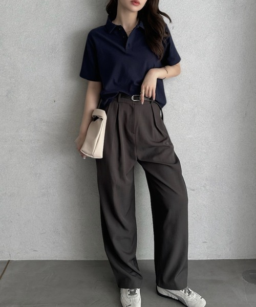 TREOVER(トレオーバー)の「抜け感シルエットで大人カジュアルな半袖ポロトップス(ポロシャツ・レディース・チャコールグレー/グレイッシュベージュ/アイボリー/ネイビー・FREE)」の7枚目の写真