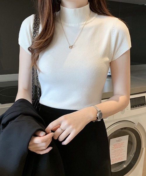 yuue' ( wear )(ユーイ)の「ハイネックサマーニット半袖トップス(ニット/セーター・レディース・アイボリー/パープル/レッド/ブラック/ホワイト・FREE)」の6枚目の写真