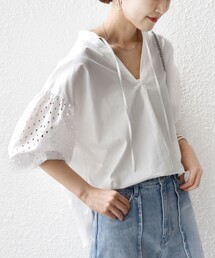 〈手洗い可能〉カットワーク レース スリーブ ブラウス