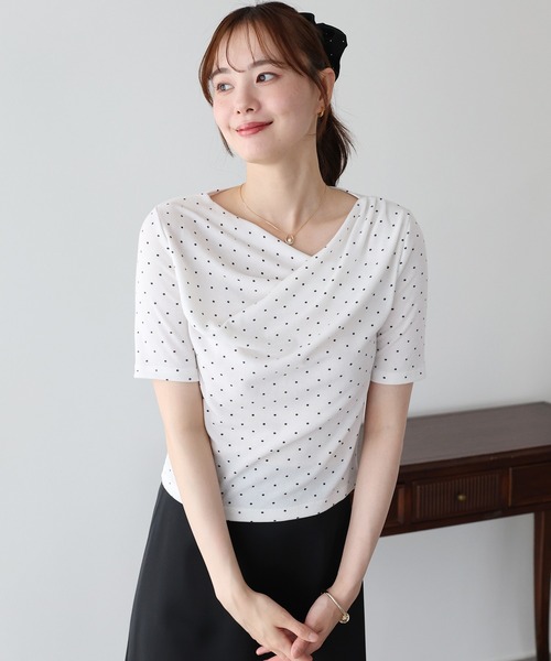 BLUEEAST(ブルーイースト)の「ドットドレープネックリブTシャツ(Tシャツ/カットソー・レディース・ホワイト/ブラック・MEDIUM)」の3枚目の写真