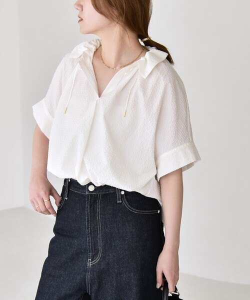 quaranciel(カランシエル)の「quaranciel:〈手洗い可能〉サッカー ドロストカラー スキッパー シャツ ブラウス(シャツ/ブラウス・レディース・ネイビー/ブラック/オフホワイト/ブルー・ONE SIZE)」の20枚目の写真