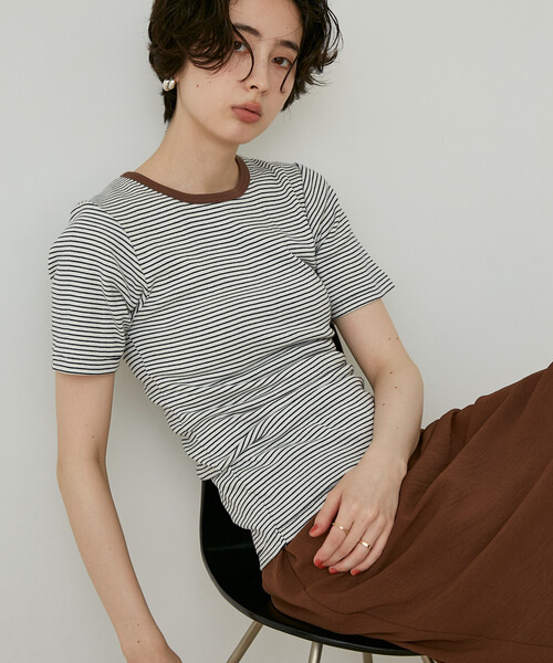 FREAK'S STORE(フリークスストア)の「MILLER × FREAK'S STORE/ミラー 別注 Panel Rib Half Sleeve Tee/ 別注パネルリブ 半袖Tシャツ/ボーダー リブ Tシャツ(Tシャツ/カットソー・レディース・オフホワイト/レッド/ブルー/ブラック/ブラウン・フリ-)」の2枚目の写真