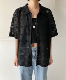 刺繍レース透かし編みシャツ