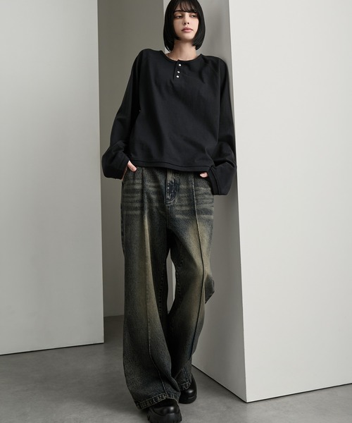 cussil（クシル）の「【cussil/クシル】ラグラン メタルスナップボタン ヘンリーネックロンT（Tシャツ/カットソー・メンズ・ブラック/ホワイト・S/M/L）」の7枚目の写真
