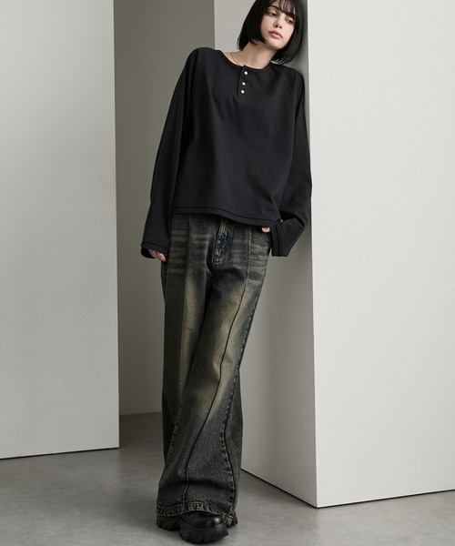 cussil（クシル）の「【cussil/クシル】ラグラン メタルスナップボタン ヘンリーネックロンT（Tシャツ/カットソー・メンズ・ブラック/ホワイト・S/M/L）」の8枚目の写真
