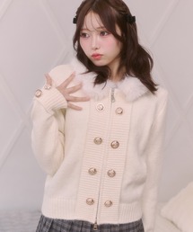 ファー襟 ナポレオン ゴールドボタン ジップアップ ニット