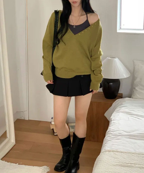 VIVID LADY(ビビッドレディー)の「ヘンリーネック ディープVネック ニットプルオーバー(ニット/セーター・レディース・ブラック/パープル/グレー/カーキ/アイボリー・FREE)」の19枚目の写真