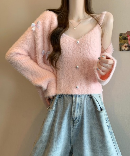 AMAJI(アマジ)の「ビジュー キャミソール リボン ニットカーディガン(カーディガン/ボレロ・レディース・ライトブルー/ベージュ/ライトピンク・FREE)」の3枚目の写真