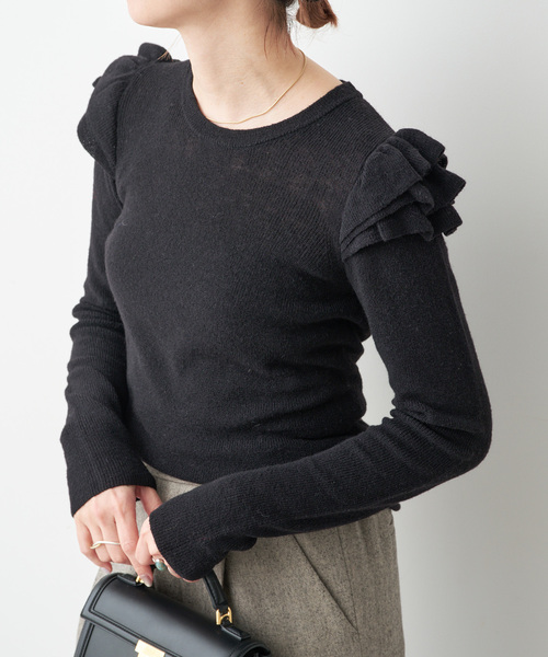 Spick & Span(スピックアンドスパン)の「《WEB限定 / 追加2》アルパカ混フリルニット(ニット/セーター・レディース・グレー/ブラック・FREE)」の1枚目の写真