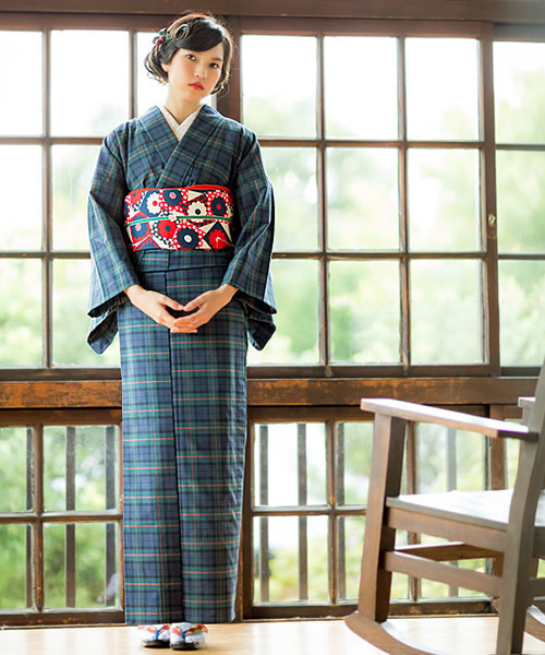 Kimonomachi キモノマチ の 完売販売終了 木綿着物単品 緑色チェック 着物 Wear