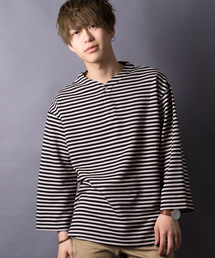 MANGROVE | 【MANAGROVE】ボーダー鹿の子　ノーカラー7分袖ポロシャツ(Tシャツ/カットソー)