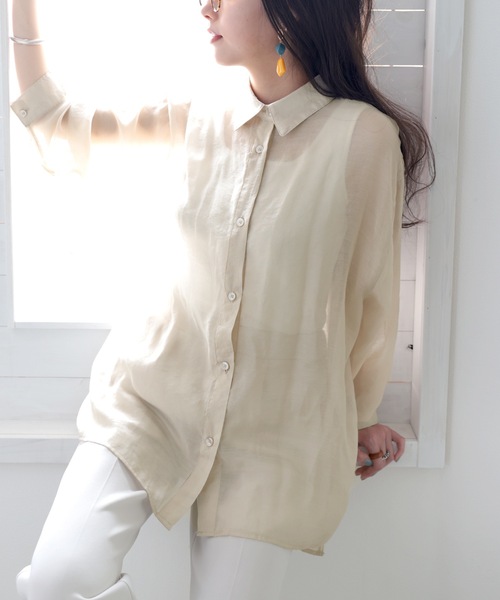 ArguE CulturE 長袖シャツ光沢おしゃれビッグシルエットブラウス セール】上品な光沢感。シアー素材ビッグシャツ(長袖)（シャツ