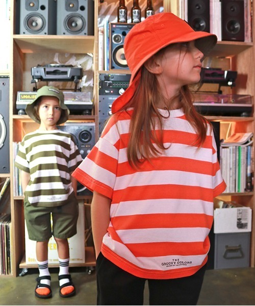 GROOVY COLORS（グルービーカラーズ）の「天竺ボーダー STANDARD ビッグTシャツ（Tシャツ/カットソー・キッズ・ブラック/カーキ/オレンジ・120/100/90/110）」の5枚目の写真