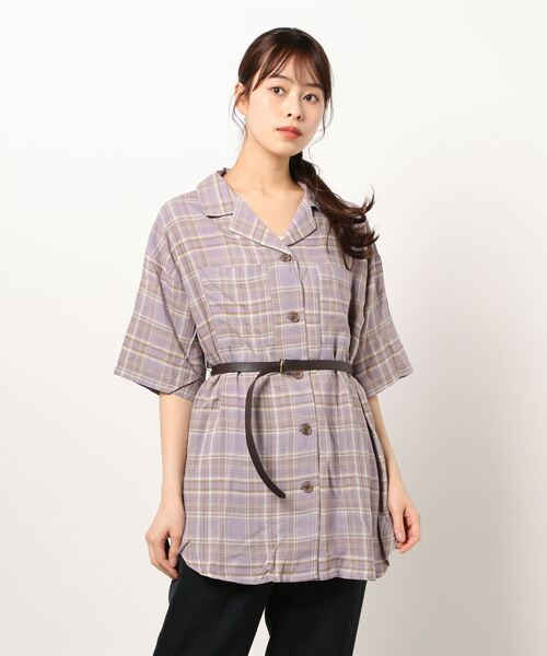 RAG MACHINE（ラグマシーン）の「【RAG MACHINE】ベルト付き半袖チェックシャツ（シャツ/ブラウス・レディース・ベージュ/オリーブ/パープル・M/L）」の3枚目の写真