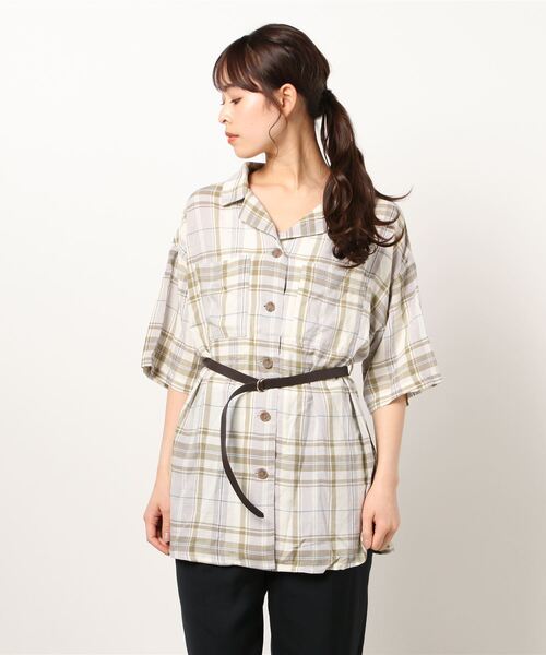 RAG MACHINE（ラグマシーン）の「【RAG MACHINE】ベルト付き半袖チェックシャツ（シャツ/ブラウス・レディース・ベージュ/オリーブ/パープル・M/L）」の2枚目の写真