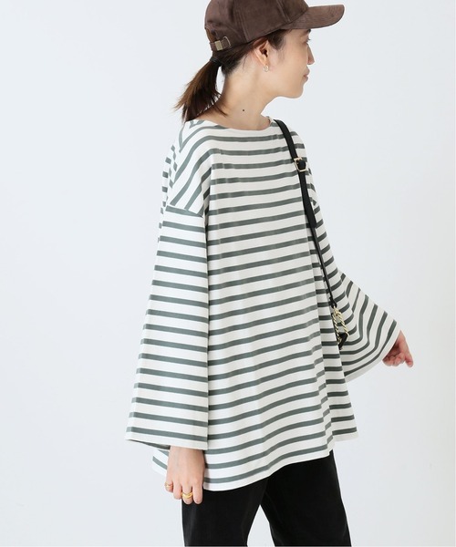 SLOBE IENA(スローブイエナ)の「ルーズスリーブボーダープルオーバー【手洗い可能】◆(Tシャツ/カットソー・レディース・ブラック/ネイビー/カーキ・FREE)」の1枚目の写真