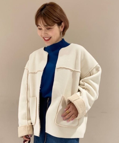 Green　Parks（グリーンパークス）の「裏ボアノーカラーブルゾン＊（ブルゾン・レディース・モカ/アイボリー/チャコールグレー・FREE）」の5枚目の写真