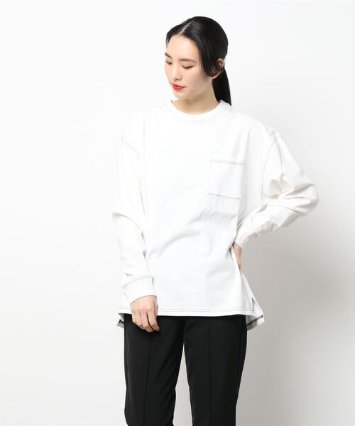 INASTUDIOS ZOO（イーナストゥディオスズー）の「「INASTUDIOS SELECT」ステッチング ロングTシャツ トップス レディース（Tシャツ/カットソー・レディース・ホワイト/ブラック/サックスブルー/グリーン/サンドベージュ/チャコール・LARGE/MEDIUM/X-LARGE）」の14枚目の写真