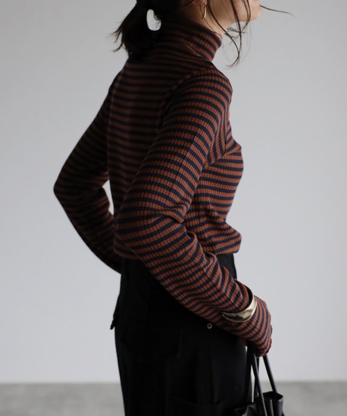 mi via loca(ミヴィアロカ)の「ボーダー前あきハイネックトップス(Tシャツ/カットソー・レディース・ホワイト系/ブラウン系/ベージュ系・FREE)」の11枚目の写真
