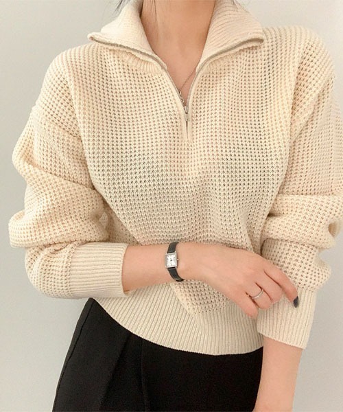 BEIDELLI（ベイデリー）の「[BELLIDE MADE] ワッフル編みハーフジップアップニット（ニット/セーター・レディース・アイボリー/グレー/ブラック・FREE）」の5枚目の写真