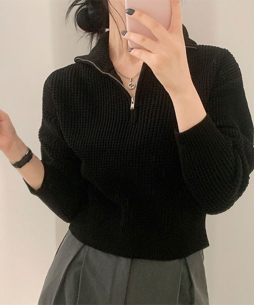 BEIDELLI（ベイデリー）の「[BELLIDE MADE] ワッフル編みハーフジップアップニット（ニット/セーター・レディース・アイボリー/グレー/ブラック・FREE）」の8枚目の写真
