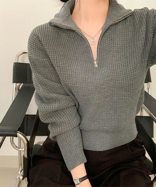 BEIDELLI（ベイデリー）の「[BELLIDE MADE] ワッフル編みハーフジップアップニット（ニット/セーター・レディース・アイボリー/グレー/ブラック・FREE）」の16枚目の写真