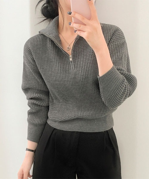 BEIDELLI（ベイデリー）の「[BELLIDE MADE] ワッフル編みハーフジップアップニット（ニット/セーター・レディース・アイボリー/グレー/ブラック・FREE）」の19枚目の写真