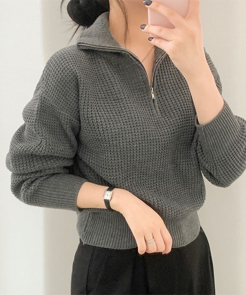 BEIDELLI（ベイデリー）の「[BELLIDE MADE] ワッフル編みハーフジップアップニット（ニット/セーター・レディース・アイボリー/グレー/ブラック・FREE）」の7枚目の写真