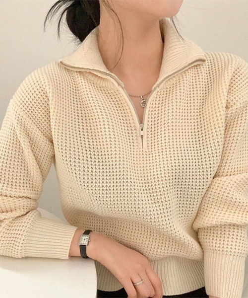 BEIDELLI（ベイデリー）の「[BELLIDE MADE] ワッフル編みハーフジップアップニット（ニット/セーター・レディース・アイボリー/グレー/ブラック・FREE）」の14枚目の写真