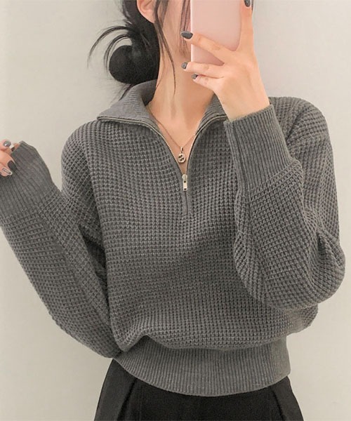 BEIDELLI（ベイデリー）の「[BELLIDE MADE] ワッフル編みハーフジップアップニット（ニット/セーター・レディース・アイボリー/グレー/ブラック・FREE）」の13枚目の写真