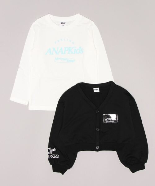 ANAP kids（アナップキッズ）の「ショート裏毛カーディガン×ロンTセット【ジュニアお揃い】（カーディガン/ボレロ・キッズ・ブラック/ベビーピンク・110cm/130cm/120cm）」の2枚目の写真