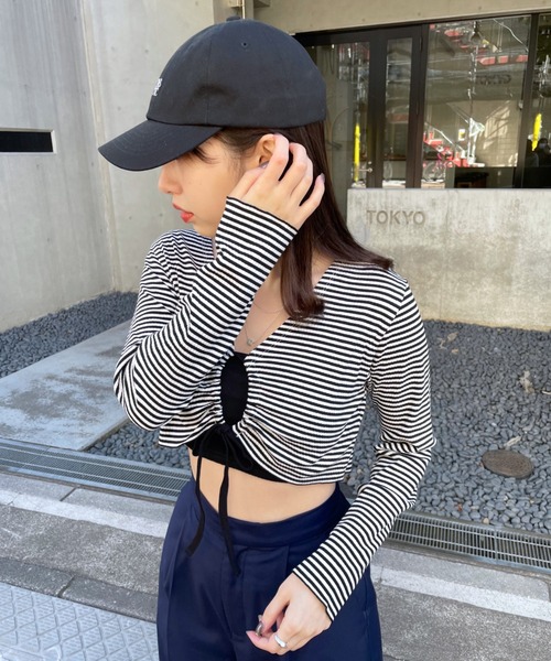 mline（エムライン）の「[mline]ボーダーギャザーリボントップス（Tシャツ/カットソー・レディース・オフホワイト/グリーン/レッド・FREE）」の2枚目の写真
