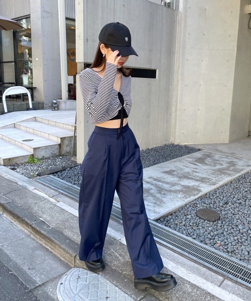 mline（エムライン）の「[mline]ボーダーギャザーリボントップス（Tシャツ/カットソー・レディース・オフホワイト/グリーン/レッド・FREE）」の4枚目の写真