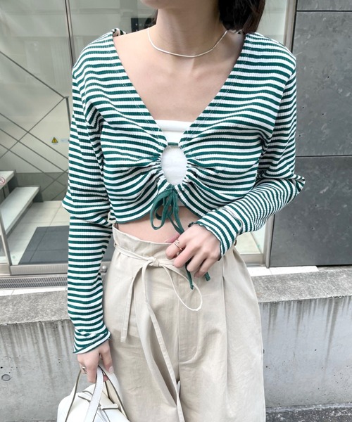 mline（エムライン）の「[mline]ボーダーギャザーリボントップス（Tシャツ/カットソー・レディース・オフホワイト/グリーン/レッド・FREE）」の16枚目の写真