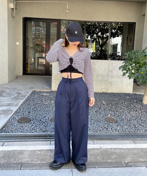 mline（エムライン）の「[mline]ボーダーギャザーリボントップス（Tシャツ/カットソー・レディース・オフホワイト/グリーン/レッド・FREE）」の5枚目の写真