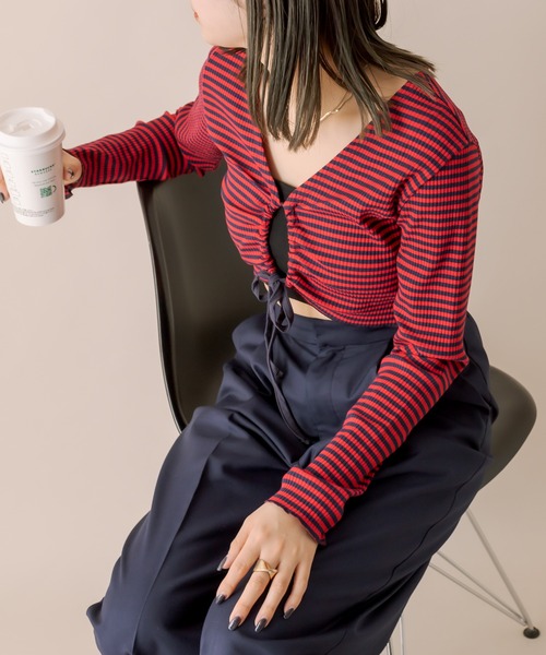 mline（エムライン）の「[mline]ボーダーギャザーリボントップス（Tシャツ/カットソー・レディース・オフホワイト/グリーン/レッド・FREE）」の20枚目の写真